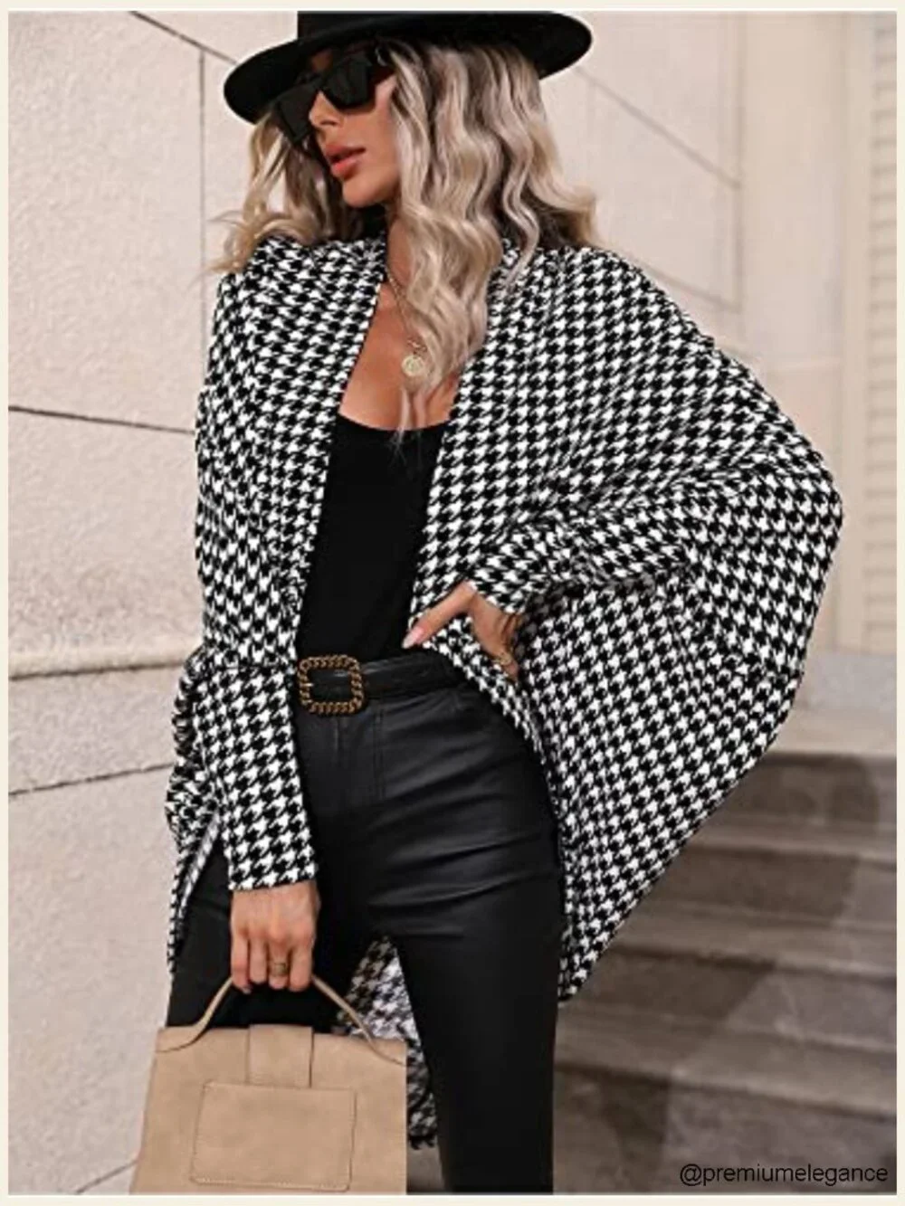 Houndstooth Blazer Jacket Batwing Long Sleeve Open Front Asymmetrical Cardigan